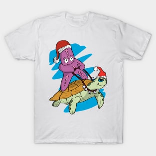 Beach Christmas Starfish and Sea Turtle Surfing T-Shirt